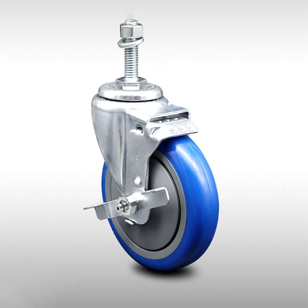 Service Caster 5 Inch SS Blue Polyurethane Swivel 3/8 Inch Threaded Stem Caster with Brake SCC SCC-SSTS20S514-PPUB-BLUE-TLB-381615 - main